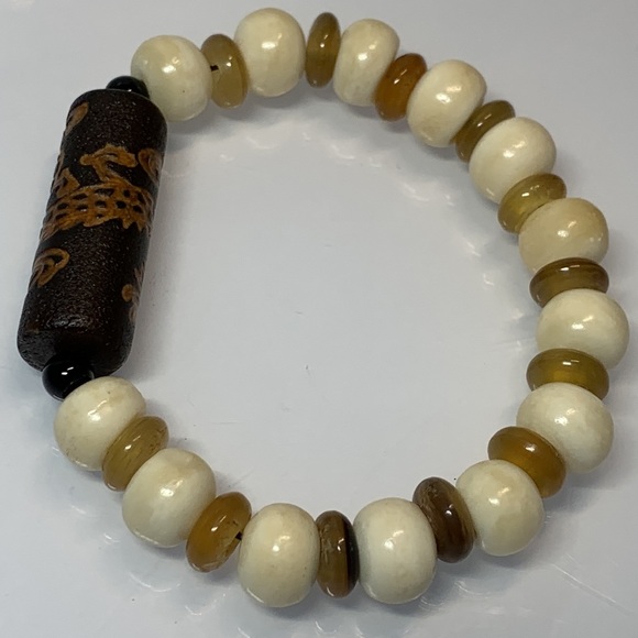 YAK HORN AND BONE + TIBETAN TUBE STONES NATURAL BRACELET size 7” - Picture 2 of 6